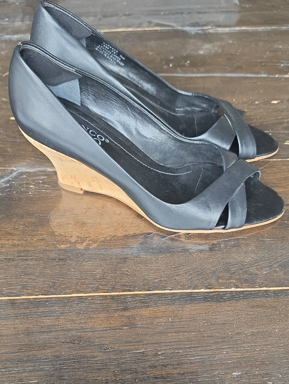 (7.5) Franco Sarto Black Peep-Toe Wedge Sandals with Cork Heel Classic 90s Y2K